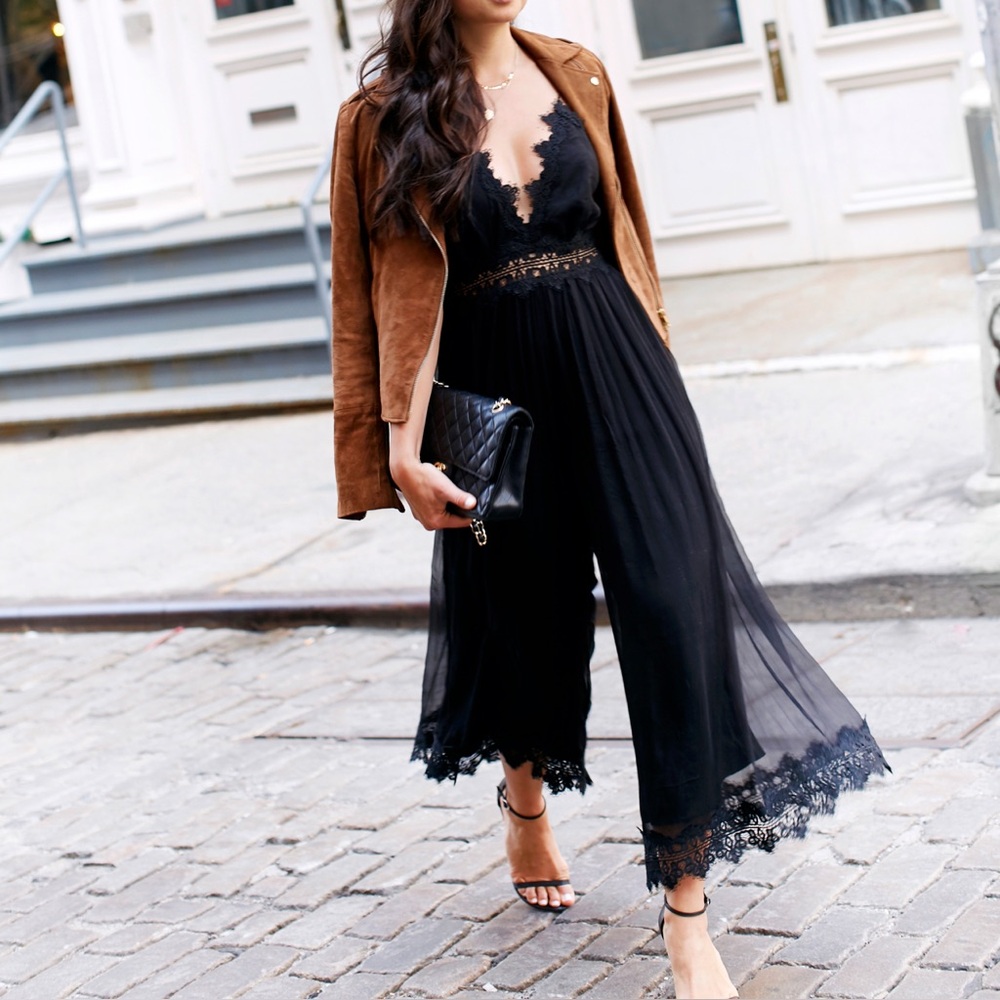 Black Lace Trim Slip Jumpsuit